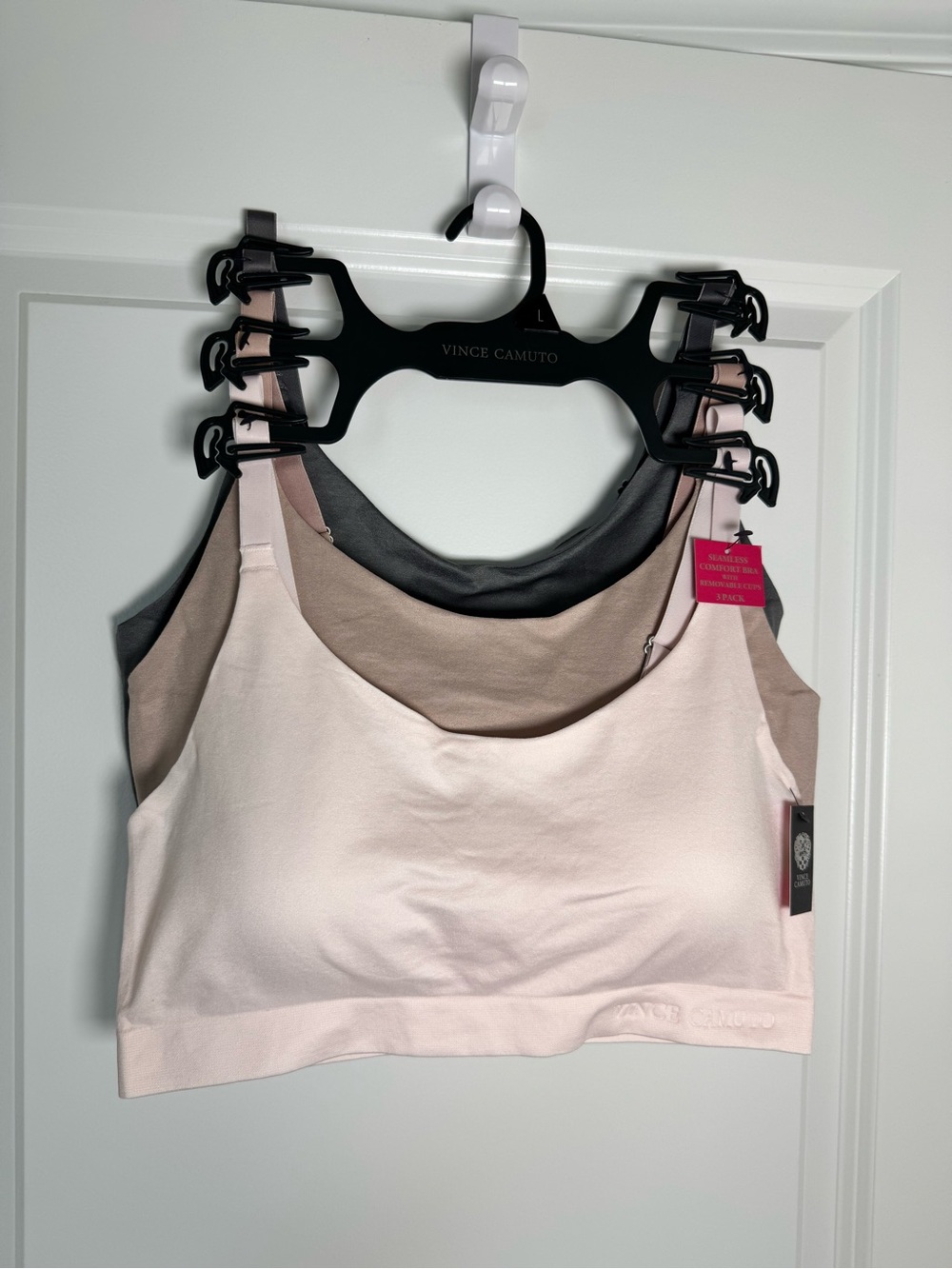 Vince Camuto Seamless Bralette Trio in Blush Pink, Taupe, Black